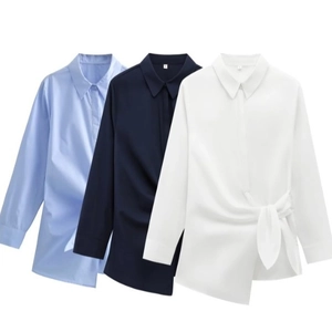 Women's long sleeve poplin shirts in three colors featuring stylish side waist ties