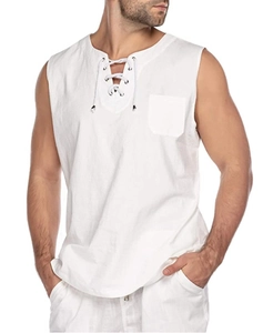 Detailed texture of white cotton linen fabric with lace-up V-neck and chest pocket