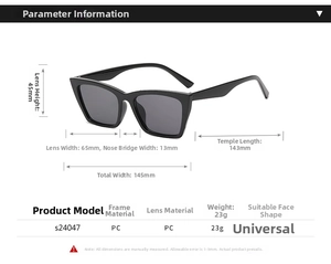 Size chart for cat-eye sunglasses detailing 145mm width and lightweight PC frame