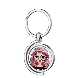 Sublimation rotating metal keychain with custom cartoon girl graphic on a silver finish