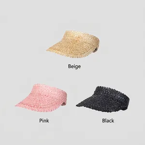 Handwoven straw sun visor hats for women in beige, pink and black for summer vacation