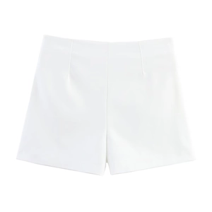 Flat lay of high-waisted white casual shorts with a clean, smooth, and minimalist texture