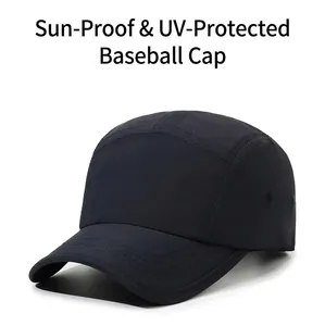 Close-up of quick-dry breathable navy blue baseball cap with sun protection