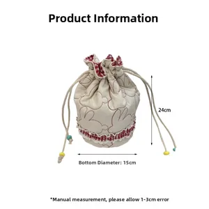 Detailed dimensions of quilted drawstring bag featuring rabbit pattern and color beads