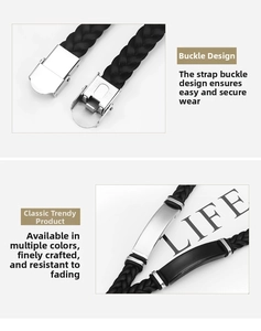 Detail of black braided leather bracelet with polished stainless steel fold-over clasp