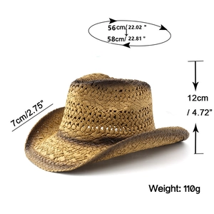 Detailed technical dimension diagram of straw cowboy hat showing brim and head size
