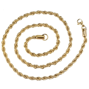 Detailed close-up of a gold-plated stainless steel twist rope chain necklace with lobster clasp