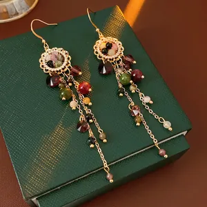 Vintage Flower Tassel Drop Earrings Copper Zircon Colorful Beads With Silver Earring Post For Women Bohemian Style