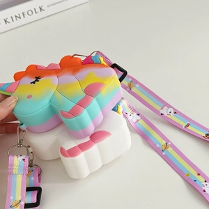 Detail of unicorn fidget silicone purses with rainbow gradient and star pattern straps