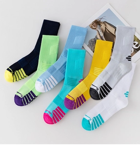Flat lay of colorful anti-slip sports socks with cushioned soles and knit stripes