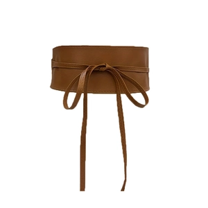 Classic brown faux leather wide corset belt with slender front tie bow for dresses