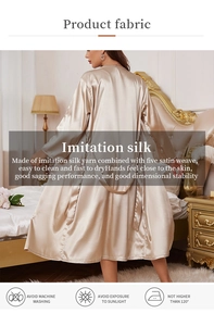 Rear view of champagne imitation silk satin robe with elegant drape in bedroom setting