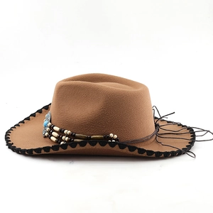 Brown felt cowboy hat detail with colorful beaded band and black stitched brim edge