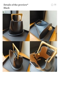 Detail view of black leather bucket bag featuring unique golden metal handle and interior