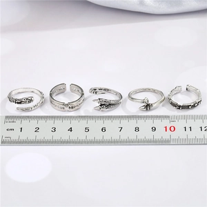 Set of 5 vintage silver punk style adjustable rings with snakes and claw designs