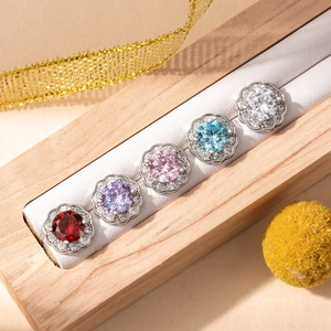 Five pairs of floral zircon stud earrings in titanium steel with multi-color stones