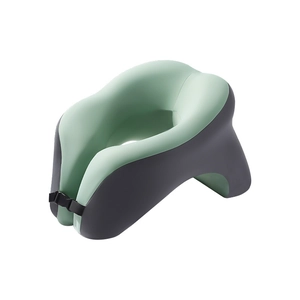 Ergonomic U-shaped memory foam travel pillow in mint green and grey with buckle