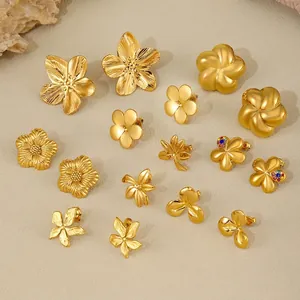 French Style Stainless Steel Flower Stud Earrings For Women Gold Silver Plated Minimalist Floral Leaf Rhinestone Earrings Jewelry Gift