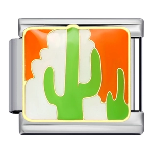 Italian charm bracelet link in stainless steel with a green cactus enamel desert design