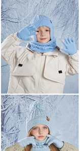 Close-up of kids light blue winter knit set with pom-pom hat, scarf, and touch gloves