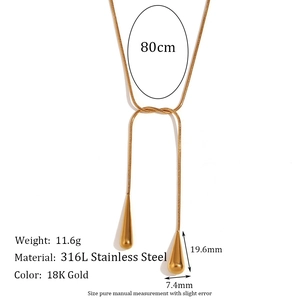 80cm 18K gold plated stainless steel snake chain necklace with double teardrop pendants