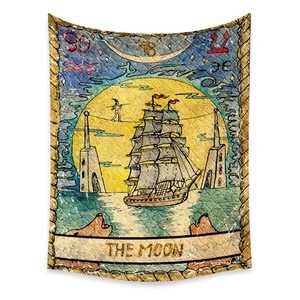 Detailed texture of The Moon tarot tapestry with vintage nautical patterns on fabric