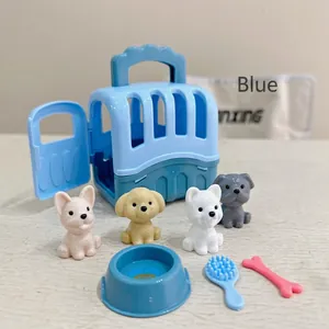 Blue pet toy carrier set with four puppy dolls and grooming accessories for kids