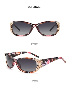 Detail of Y2K butterfly sunglasses with floral frames and gradient lenses from two angles