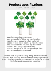 Detail view of St. Patrick's Day shamrock vase inserts with size and material specs