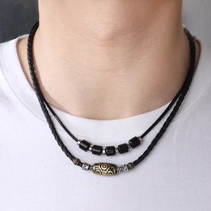 Layered Necklace Retro Woven Wax Rope Alloy Dzi Bead Ethnic Punk Jewelry For Men Women