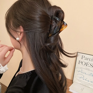 Detailed view of large amber triangle hair claw clip styled in a half-up hairdo