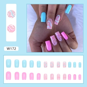 Summer style press-on nails with blue and pink swirl designs, full 24pcs set display