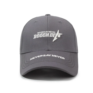 Dark grey baseball cap with white letter embroidery and adjustable cotton crown