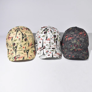 Retro baseball caps with Eiffel Tower print in beige, white and black colors
