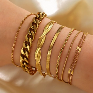 Set of six gold-plated stainless steel snake and cuban link chain bracelets for women