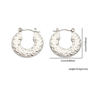 Silver stainless steel hoop earrings with hammered texture measuring 2.5cm and 10.3g
