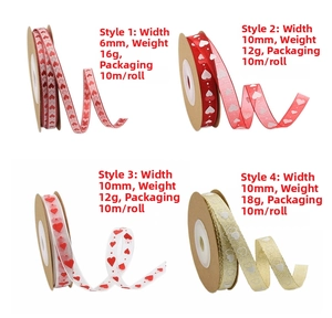 Detailed grid of 10m heart printed ribbon rolls in pink, red, white and gold