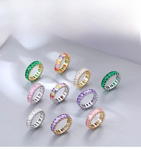 Detailed top view of multicolor eternity rings with rectangular zircon stones