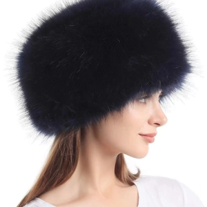 Deep blue faux fox fur Russian style winter hat for women with thick plush lining