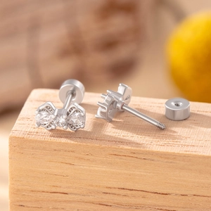 Cute bow stud earrings in silver titanium steel with clear cubic zirconia and screw back