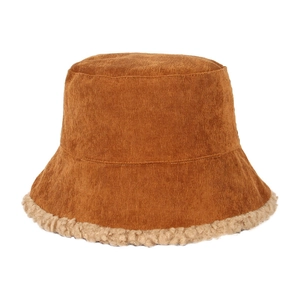 Brown corduroy winter bucket hat for women with beige faux fur trim on a white background