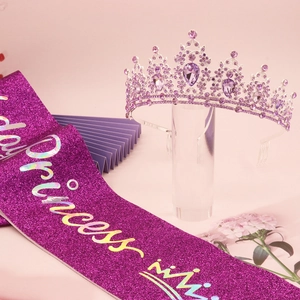 Sparkling purple Birthday Princess sash with silver rhinestone crown for girls