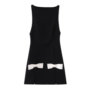 Sleeveless Mini Dress Polyester Contrast White Bow Decor Back Zipper A-Line Slim Fit Elegant Sexy Casual Women Fashion