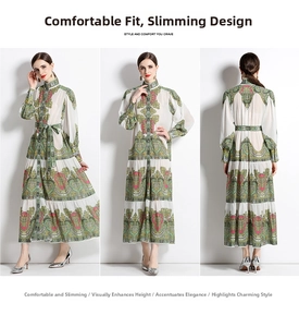 Three-view display of vintage floral maxi dress featuring high collar and matching belt
