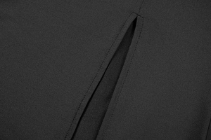 Detail view of the elegant dress slit with high-quality double stitching and black fabric