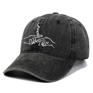 Vintage washed dark grey cotton denim baseball cap with creative hand embroidery design