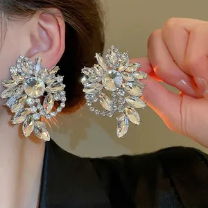 Exaggerated Flower Cluster Stud Earrings With 925 Sterling Silver Earring Post Alloy Rhinestone Statement Jewelry