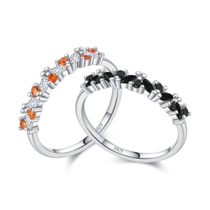 Minimalist S925 sterling silver band ring with orange and black cubic zirconia stones