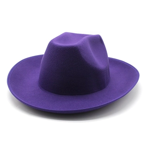 Detail of purple felt jazz hat featuring high-quality stitching on a wide 8cm brim