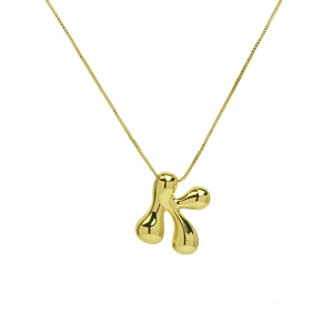 Detail of 18K gold letter K bubble pendant necklace with polished metal chain